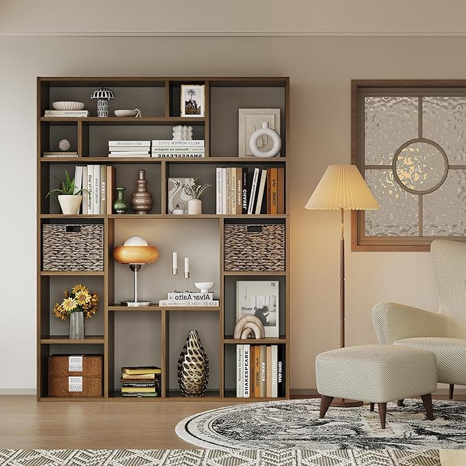 71” Tall Wooden Bookcase 6-Tier Large Bookshelves with 2 Woven Baskets, 55" Wide Floor Standing Wood Display Organizer Shelves for Living Room（Brown）-CasaMuseHome