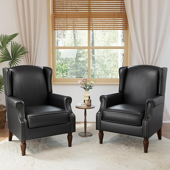 Accent Chairs, Faux Leather High Back Armchair Set of 2 or Living Room, Comfy Upholstered Single Sofa Reading Chairs with Solid Wood Legs for Office, Bedroom, Waiting Room-Black-CasaMuseHome