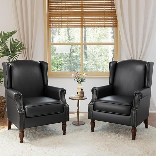 Accent Chairs, Faux Leather High Back Armchair Set of 2 or Living Room, Comfy Upholstered Single Sofa Reading Chairs with Solid Wood Legs for Office, Bedroom, Waiting Room-Black-CasaMuseHome