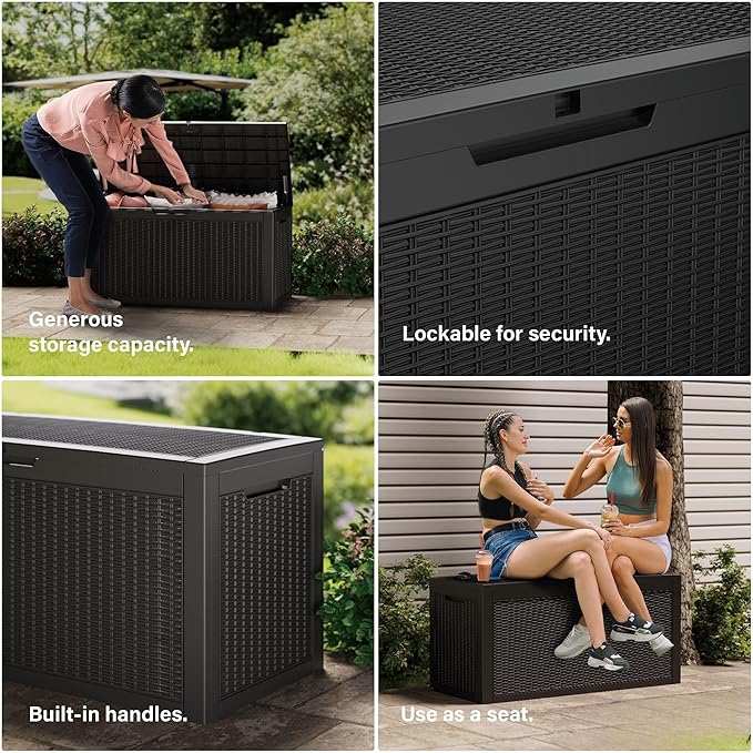 150 Gallon Outdoor Storage Box Patio Deck Box Waterproof, Resin Lockable Outside Large Storage Bin for Pool Cushion Furniture, Garden Tools UV-Resistant, Black-CasaMuseHome
