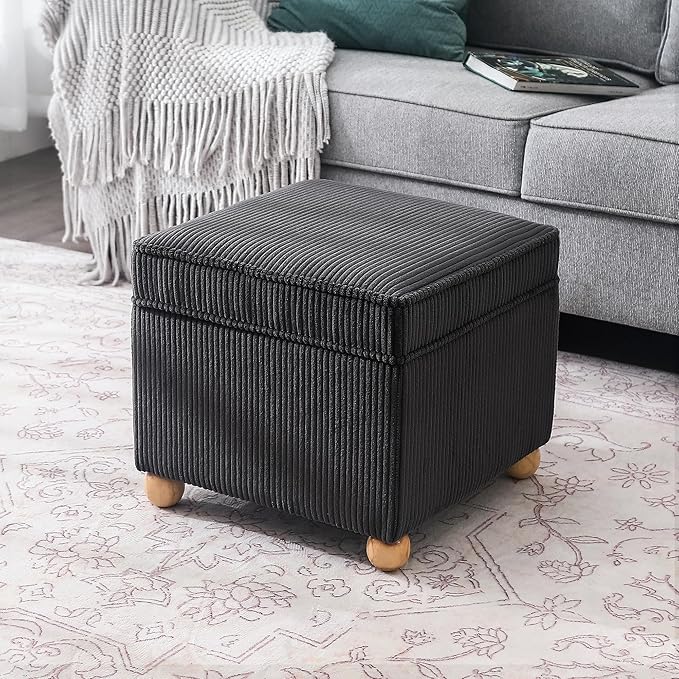 Adeco 17 Inch High Striped Flannel Black Cube Ottoman Storage, 3D Embossed Velvet Chair Foot Stools, Upholstered Vanity Stool with Hinged Lid, Solid Round Wood Legs-CasaMuseHome