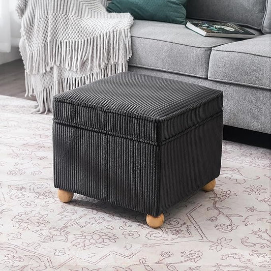 Adeco 17 Inch High Striped Flannel Black Cube Ottoman Storage, 3D Embossed Velvet Chair Foot Stools, Upholstered Vanity Stool with Hinged Lid, Solid Round Wood Legs-CasaMuseHome