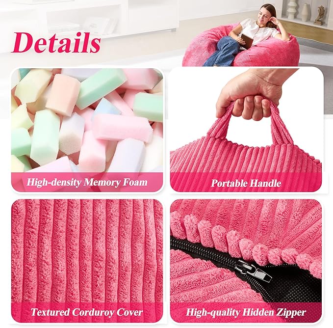 3.5FT Bean Bag Chairs Teardrop Bean Bag Chair for Adults Beanbag Chair with Memory Foam Filled Machine Washable Cover for Living Room, Bedroom (Large,Pink)-CasaMuseHome