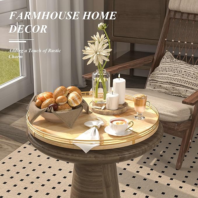 18 Inch Rustic Lazy Susan Turntable – Solid Oak & Iron Wood Rotating Tray for Dining Table, Kitchen Counter, Coffee Table – Farmhouse Style Large Wooden Lazy Susan Organizer for Home Décor-CasaMuseHome