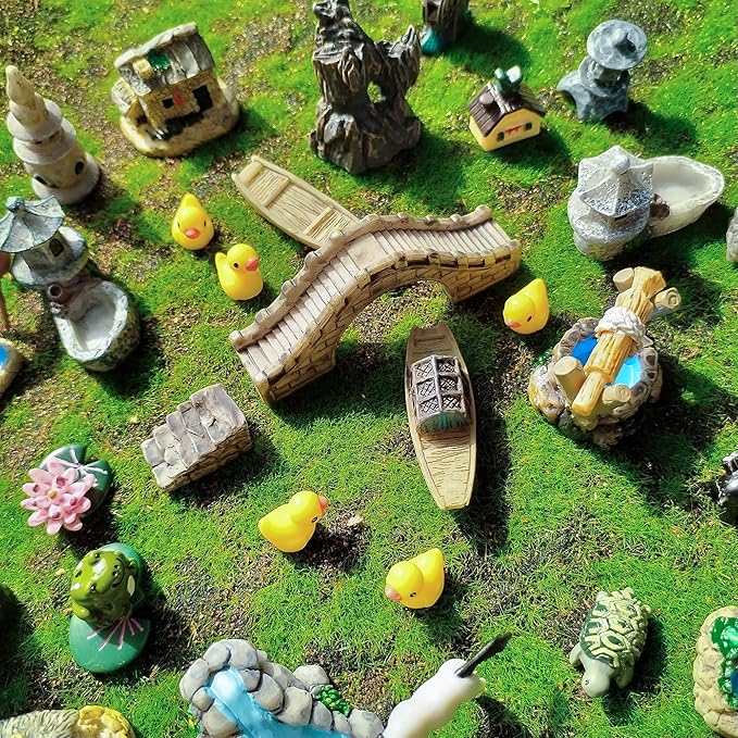 37PCS Fairy Garden Accessories, Miniature Nature Village Theme Fairy Garden Supplies for Outdoor, Mini Resin Animals House Bridge Pool Figurines Micro Landscape Succulent Plant Pots Terrarium Decor-CasaMuseHome