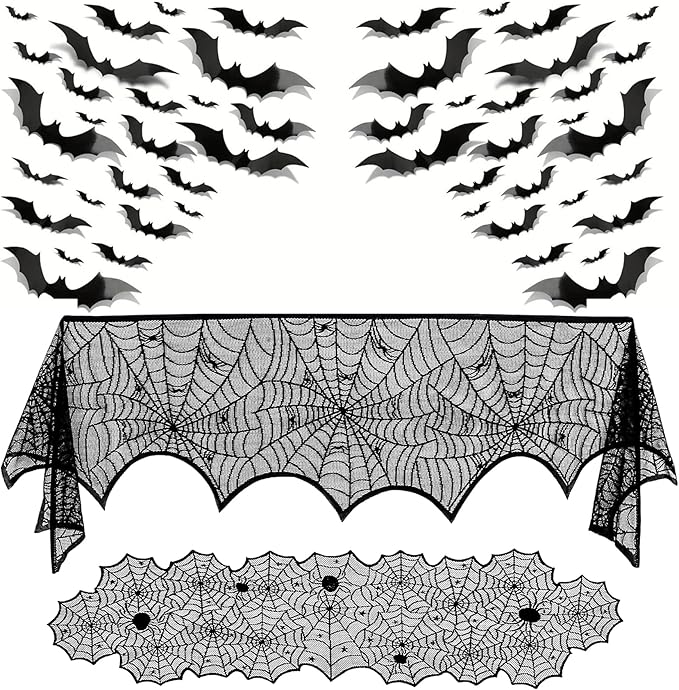 3 Pack Halloween Decorations Sets, Black Lace Spider Webs Table Runner & Halloween Cobweb Fireplace Scarf with 120 pcs 3D Bat for Halloween Indoor Decors Party Supplies-CasaMuseHome