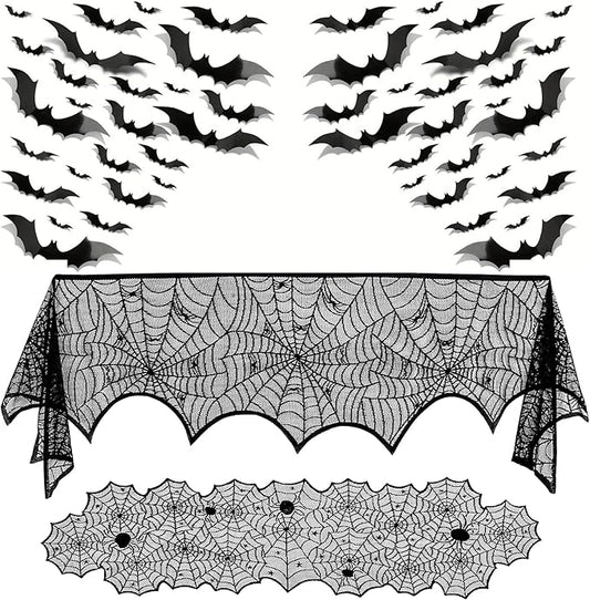 3 Pack Halloween Decorations Sets, Black Lace Spider Webs Table Runner & Halloween Cobweb Fireplace Scarf with 120 pcs 3D Bat for Halloween Indoor Decors Party Supplies-CasaMuseHome