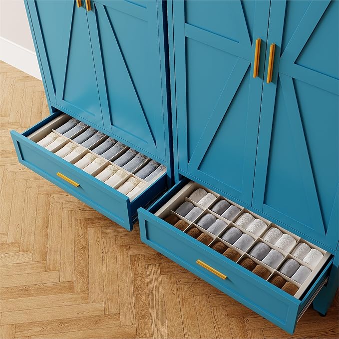 71'' Farmhouse Metal Wardrobe Cabinet with Hanging Rod, 2 Barn Door Wardrobe Closet with Adjustable Shelves,Drawer,for Dining Room,Bedroom,Living Room, Cloak Room,Office (Peacock Blue)-CasaMuseHome