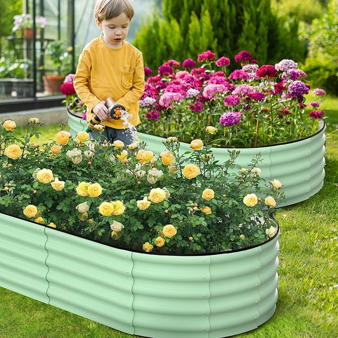 2 Pcs 6x3x1ft Oval Raised Garden Bed, Galvanized Raised Beds,Open-Ended Base Metal Raised Planter Beds,Garden Bed Outdoor,Planter Raised Boxes for Vegetables, Flowers,Tool-Free Asse,Green-CasaMuseHome