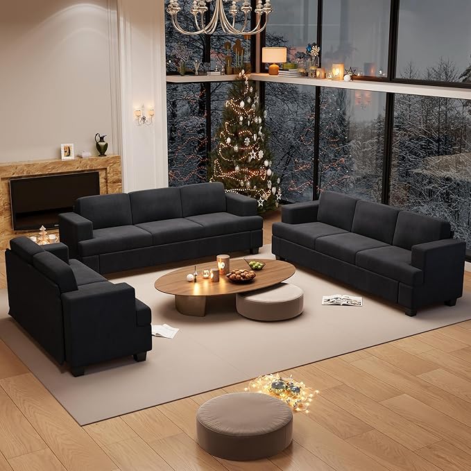 3 Pieces Corduroy Couch Set for Living Room, 8 Seats Cloud Sofa, Deep Seat Floor Couch for Bedroom, Futon Modern Sofa Sectional Bed, Black Corduroy-CasaMuseHome