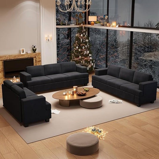 3 Pieces Corduroy Couch Set for Living Room, 8 Seats Cloud Sofa, Deep Seat Floor Couch for Bedroom, Futon Modern Sofa Sectional Bed, Black Corduroy-CasaMuseHome