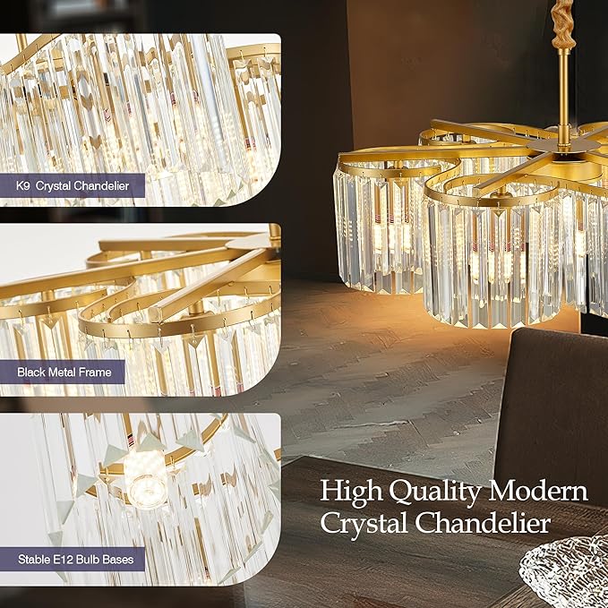 24.4“ Gold Semi Flush Mount Ceiling Light Fixtures, 6-Light Gold Modern Crystal Chandelier Height Adjustable Pendant Lighting for Bedroom Entryway Hallway Kitchen Island Living Room Foyer-CasaMuseHome
