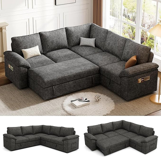 85 Inch Modular Sectional Sofa with Pull Out Bed,L Shaped 5 Seat Sectional Sleeper Sofa with Storage,Sectional Couches for Living Room,Cloud Modular Couch,Removable Sofa Cover,Dark Grey-CasaMuseHome
