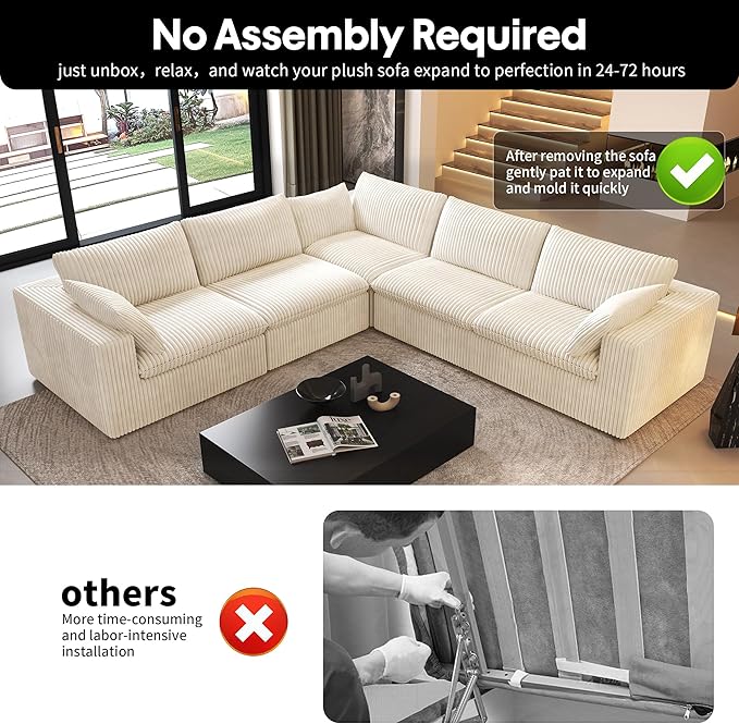 118" V Shaped Corner Modern Sofa Modular Sectional Cloud Couch,Deep Seat Upholstered Couches with Plush Corduroy Fabric for Living Room Furniture,Bedroom and Apartment,No Assembly Required,White-CasaMuseHome