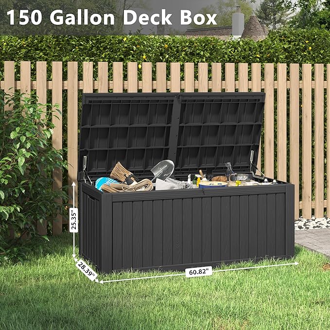 150 Gallon Resin Deck Box, Large Indoor and Outdoor Storage Box, Weatherproof and UV Resistant Outdoor Storage Box with Built-in Steel Beams for Patio, Cushions, Pool Supplies-CasaMuseHome