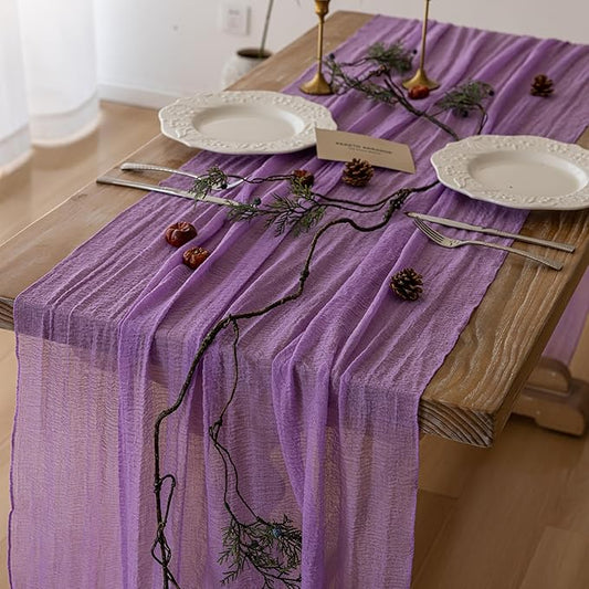 3pcs Lilac Gauze Rustic Cheesecloth Table Runner 120 Inch 10 FT for Wedding Baby Shower Bridal Shower Birthday Engagement Garden Outdoor Party Long Sheer Boho Decorations-CasaMuseHome