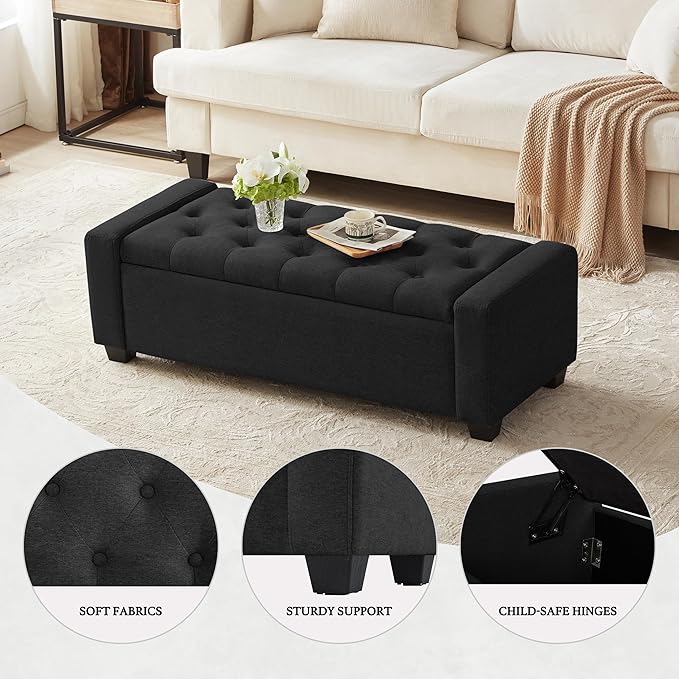 48" Ottoman with Storage, Black Storage Ottoman Bench with Safety Hinge, Upholstered Entryway Bench with Seating for Bedroom, Living Room, Holds up to 330 lb-CasaMuseHome