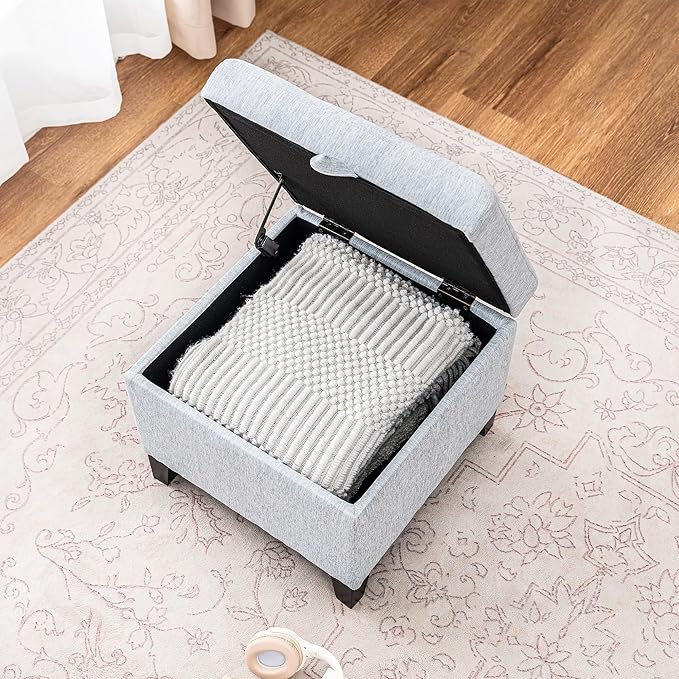 Adeco 18 Inch High Cube Ottoman Storage, Linen Chair Foot Stools, Upholstered Vanity Stool with Hinged Lid, Solid Wood Legs-CasaMuseHome