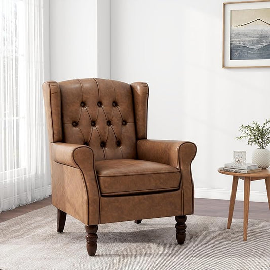 Accent Chair, Upholstered Armchair with Button Tufted High Back & Solid Wood Legs, Comfy Wingback Reading Single Sofa Chair for Small Spaces, Living Room, Bedroom (Leather Brown, Set of 1)-CasaMuseHome