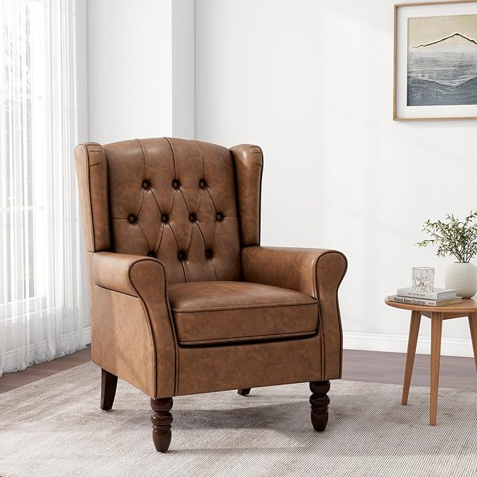 Accent Chair, Upholstered Armchair with Button Tufted High Back & Solid Wood Legs, Comfy Wingback Reading Single Sofa Chair for Small Spaces, Living Room, Bedroom (Leather Brown, Set of 2)-CasaMuseHome