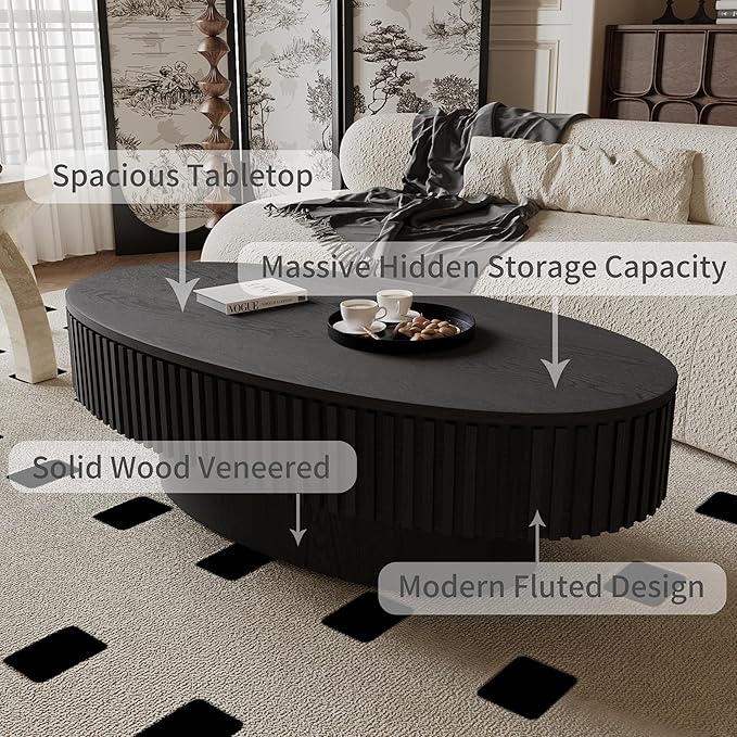 47.2''Oval Coffee Table with Storage, Mid Century Modern Fluted Drum Center Tables with Lid, Solid Wood Side Pedestal Coffee Table Tea Table for Living Room, Bedroom, Apartment-Black-CasaMuseHome