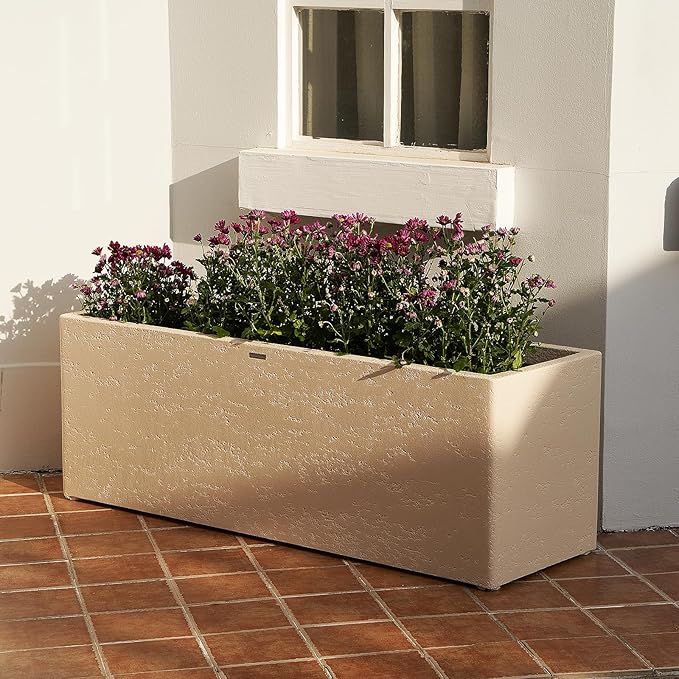 42 Inch Rectangular Concrete Planter（42Lx14Wx15H，58 Pounds）,Durable All-Weather Use with Drainage Holes,Large Rectangular Planter for Outdoor Indoor Plants-CasaMuseHome