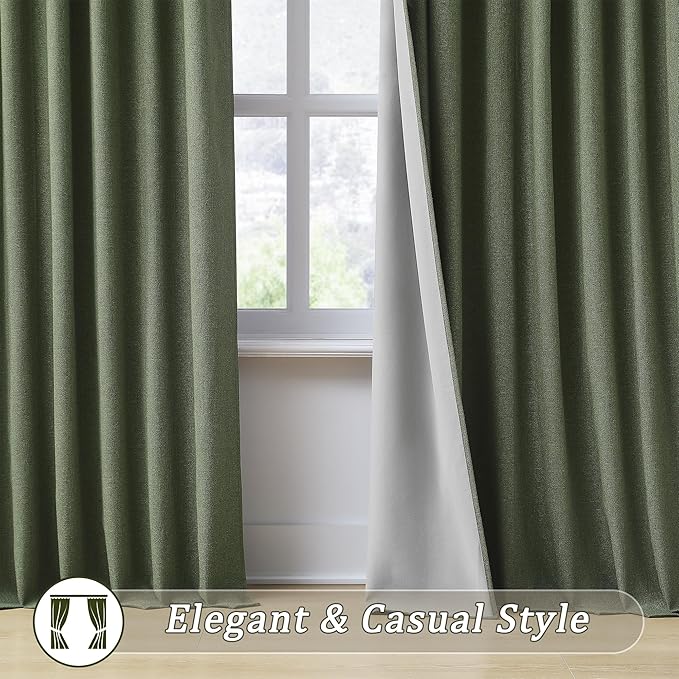 102 Inch Long Linen Blended Blackout Curtains 2 Panels, Back Tab Pleated Look Drapes for Track System with Hooks, Noise Reducing Country Blackout Winodw Curtains 50x102-Loden/Olive Green-CasaMuseHome