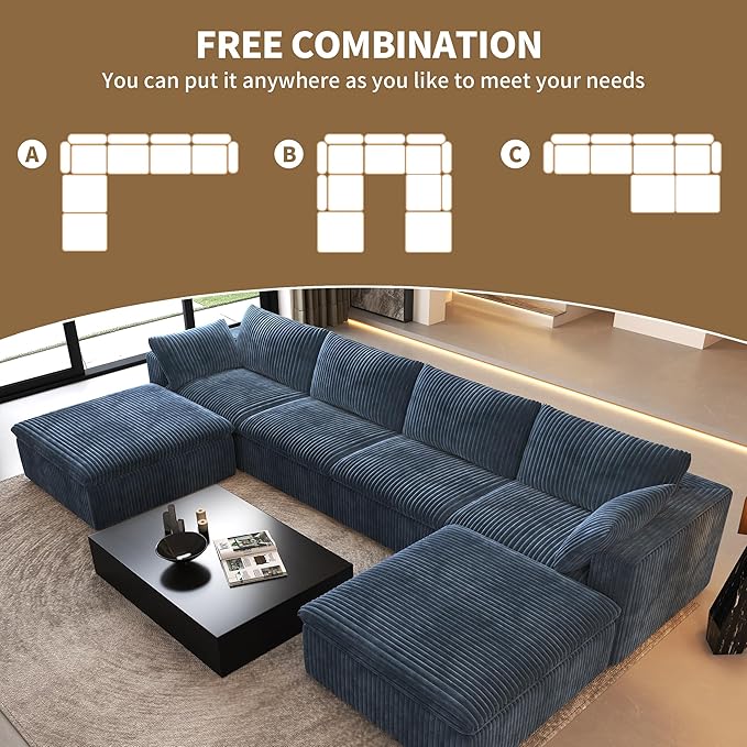 157.5" U Shaped Modern Sofa Modular Sectional Cloud Couch with 2 Ottoman,Deep Seat Upholstered Couches with Corduroy Fabric for Living Room Furniture,Bedroom and Apartment,No Assembly Required,Blue-CasaMuseHome