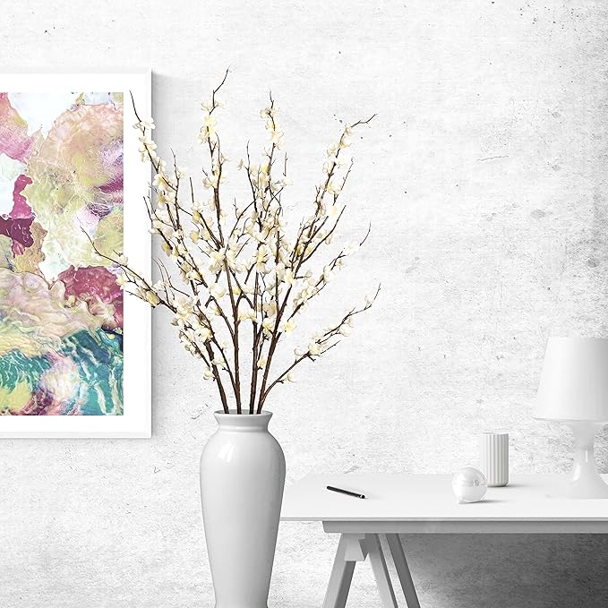 4Pcs Cherry Blossom Branches Artificial Flowers for Spring Summer Indoor Decoration,Faux Long Stem Artificial Flowers for Wedding Home Office Bedroom Party Table Centerpieces Decor(White)-CasaMuseHome