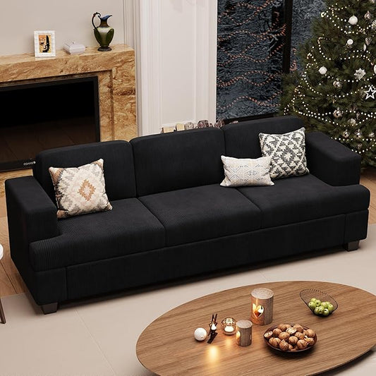 3 Seater Corduroy Couch for Living Room, 89” Black Cloud Sofa, Deep Seat Floor Couch for Bedroom, Futon Modern Sofa Sectional Bed, Black Corduroy-CasaMuseHome