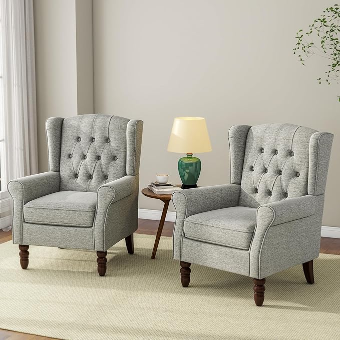 Accent Chair, Upholstered Armchair with Button Tufted High Back & Solid Wood Legs, Comfy Wingback Reading Single Sofa Chair for Small Spaces, Living Room, Bedroom (Light Grey, Set of 2)-CasaMuseHome