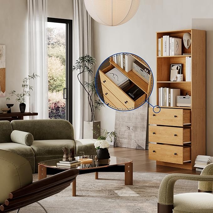 71" Tall Bookshelf with Storage, Bookcase with Drawers, Farmhouse Wooden Corner Book Shelves, Mid Century Modern Book Shelf Wall Standing Home Decor Furniture for Living Room, Bedroom, Office, Kitchen-CasaMuseHome