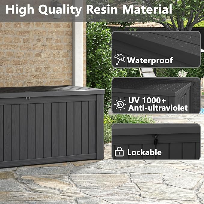 150 Gallon Resin Deck Box, Large Indoor and Outdoor Storage Box, Weatherproof and UV Resistant Outdoor Storage Box with Built-in Steel Beams for Patio, Cushions, Pool Supplies-CasaMuseHome