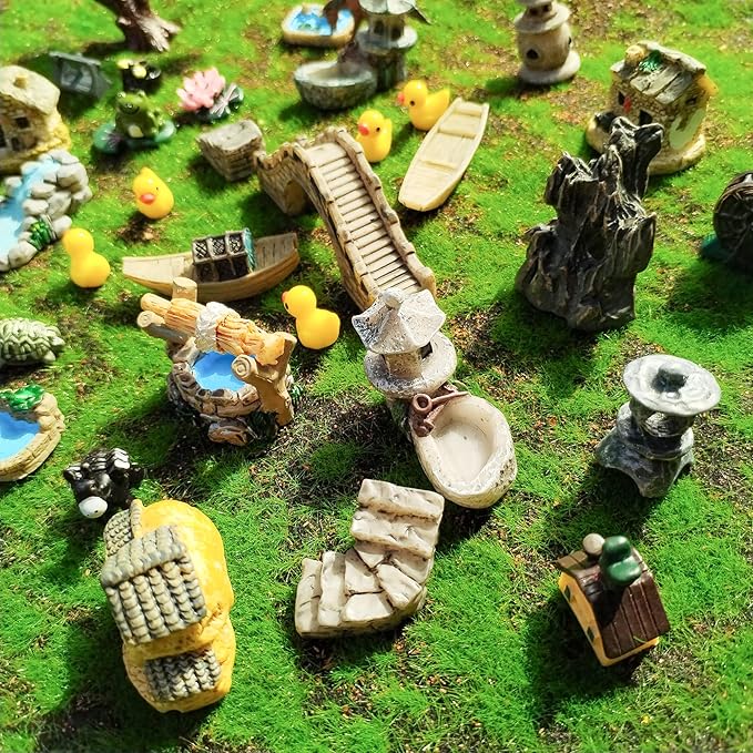 37PCS Fairy Garden Accessories, Miniature Nature Village Theme Fairy Garden Supplies for Outdoor, Mini Resin Animals House Bridge Pool Figurines Micro Landscape Succulent Plant Pots Terrarium Decor-CasaMuseHome