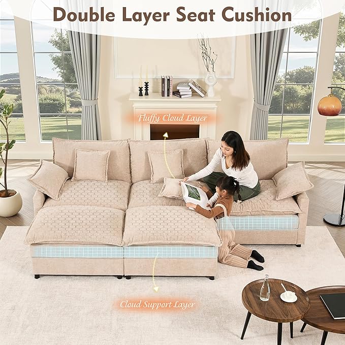 108" U Shaped Couch, Modular Sectional Sofa, 3-Seater Comfy Cloud Couch with Movable Ottoman, Deep Seat Couches for Living Room, Chenille, Flat White-CasaMuseHome