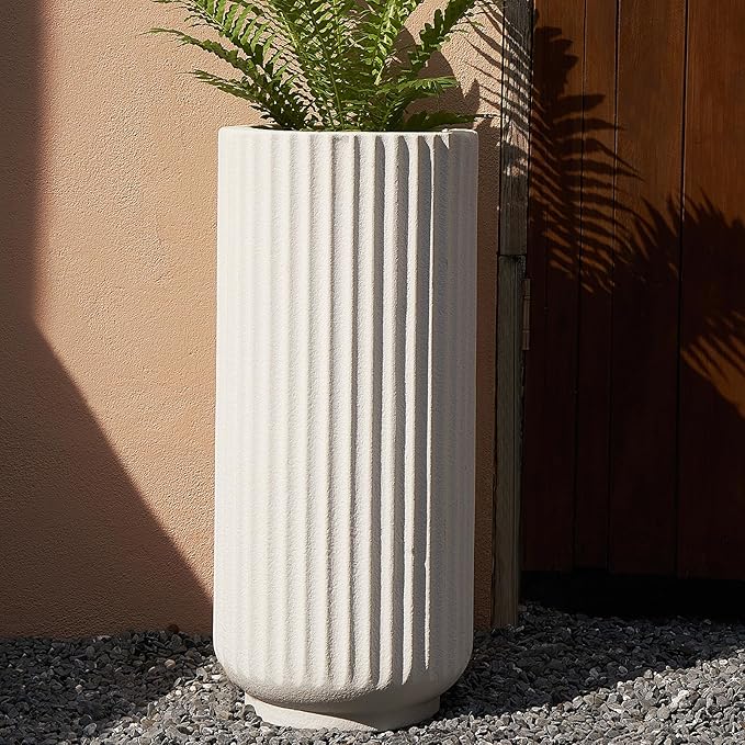 31.5 Inch Tall Roman Column Concrete Planter（14.2Dx31.5H，36 Pounds）,Durable All-Weather Use with Drainage Holes,Large Tall Round Planter for Outdoor Indoor Plants-CasaMuseHome
