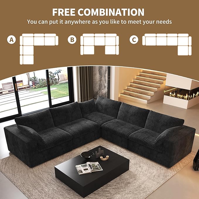 118" V Shaped Corner Modern Sofa Modular Sectional Cloud Couch,Deep Seat Upholstered Couches with Plush Corduroy Fabric for Living Room Furniture,Bedroom and Apartment,No Assembly Required,Black-CasaMuseHome