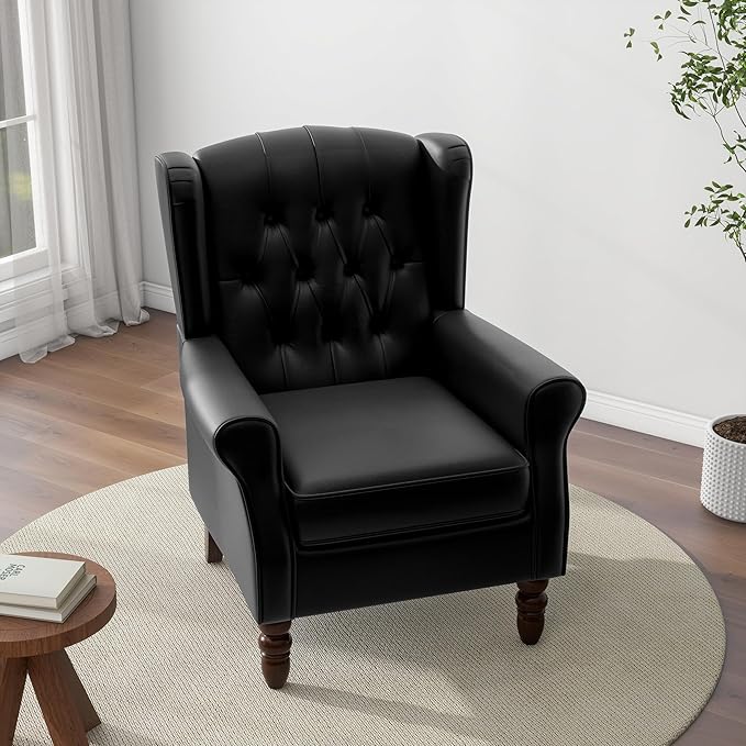 Accent Chair, Upholstered Armchair with Button Tufted High Back & Solid Wood Legs, Comfy Wingback Reading Single Sofa Chair for Small Spaces, Living Room, Bedroom (Leather Black, Set of 2)-CasaMuseHome