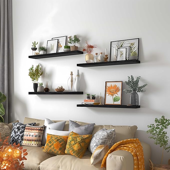 24 Inch Floating Shelves for Wall Rustic Black Wood Wall Shelves for Bedroom Set of 4-CasaMuseHome