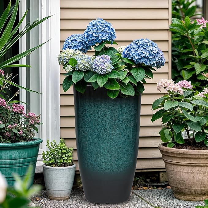 23.6" H Large Tall Outdoor Planters, Set of 2 Plastic Large Flower Pots for Outdoor Plants, with Gradient Turquoise Finish, Weather-Resistant for Porch, Garden, Patio or Indoor Use-CasaMuseHome