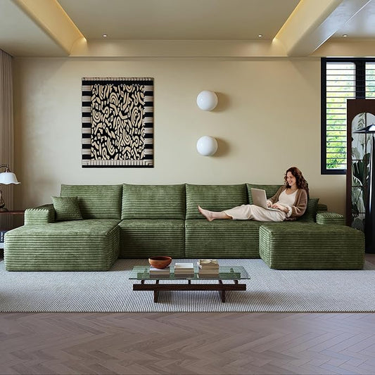 108" Sectional Couches for Living Room Modern Modular Sofa with L-Shape Couchs Upholstered Boneless Couch Deep Seat Sectional Couch with Chaise (Green, Left Facing Chaise+3Seaters+Ottoman)-CasaMuseHome