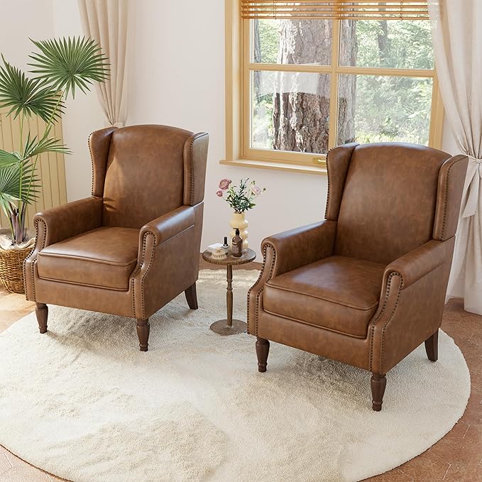 Accent Chairs, Faux Leather High Back Armchair setof 2 or Living Room, Comfy Upholstered Single Sofa Reading Chairs with Solid Wood Legs for Office, Bedroom, Waiting Room-Leather Brown-CasaMuseHome