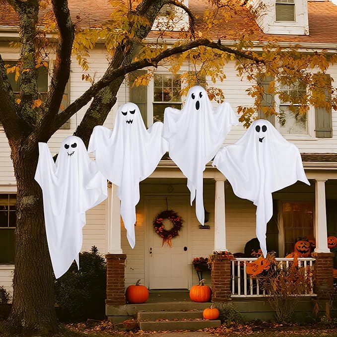 4 Pack Halloween Hanging Ghost Decorations, 27.5" Light Up Spooky Floating Ghosts with LED Glow, Waterproof Outdoor & Indoor Haunted House, Porch, Yard, Garden Party Decor-CasaMuseHome