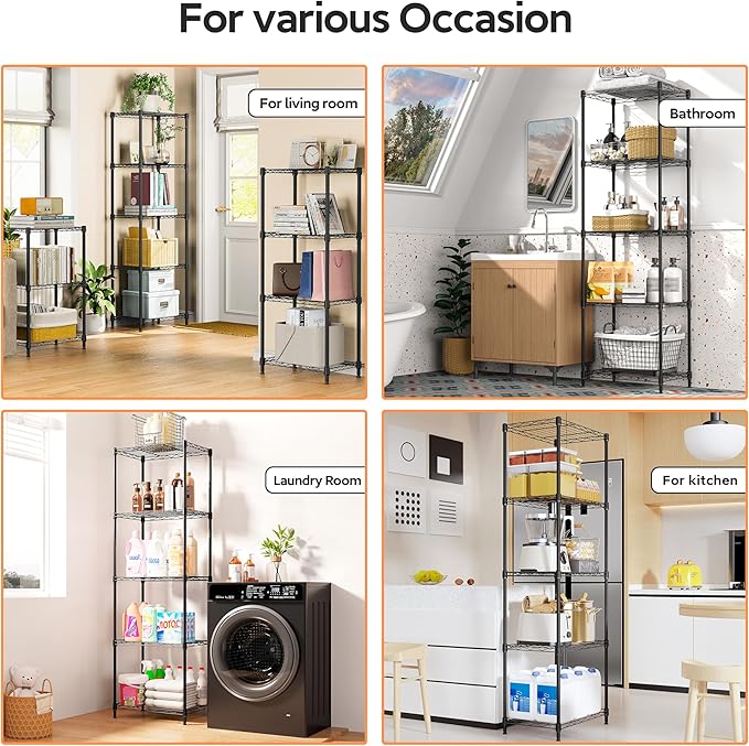 5 Tiers Shelf Metal Storage Shelves Wire Rack Closet Organizers with Wheel for Garage Kitchen Bathroom Laundry Black 11.8" D x 17.7" W x 55" H-CasaMuseHome