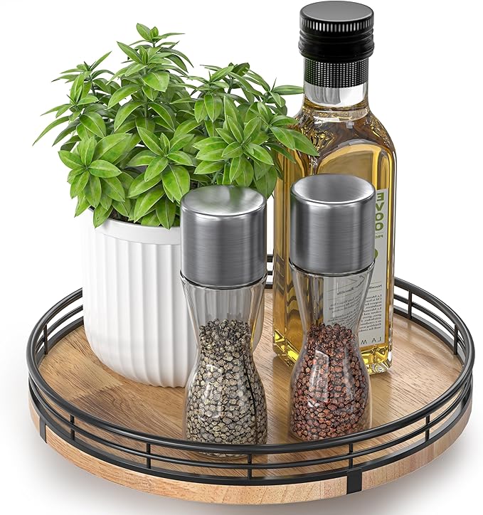 9" Oak Wood Lazy Susan Turntable Organizer for Cabinet, Round Wooden Farmhouse Lazy Susan Organization and Storage for Dining Table, Pantry, Kitchen, Countertop, Cupboard,Home Decor-CasaMuseHome