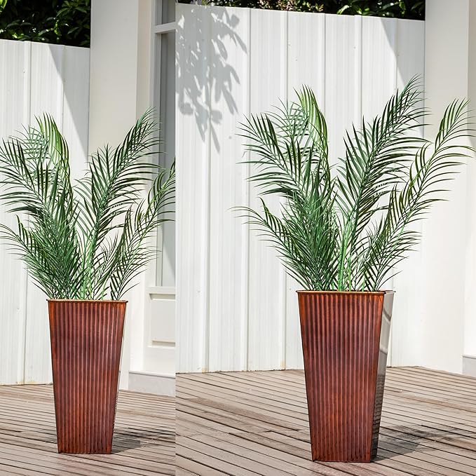 22in Vintage Handmade Metal Vertical Lines Copper Tapered Planters,Planter Box with Drainage Holes and Saucer -Set of 2, Galvanized Steel Planter for Indoor/Outdoor/Porch/Garden-CasaMuseHome