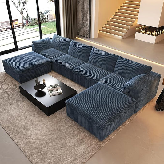 157.5" U Shaped Modern Sofa Modular Sectional Cloud Couch with 2 Ottoman,Deep Seat Upholstered Couches with Corduroy Fabric for Living Room Furniture,Bedroom and Apartment,No Assembly Required,Blue-CasaMuseHome