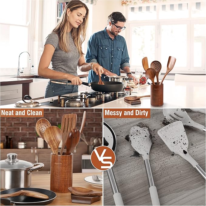 9 Piece Natural Teak Wooden Kitchen Utensil Set with Spoon Rest - Comfort Grip Cooking Spoons and Utensils Holder-CasaMuseHome