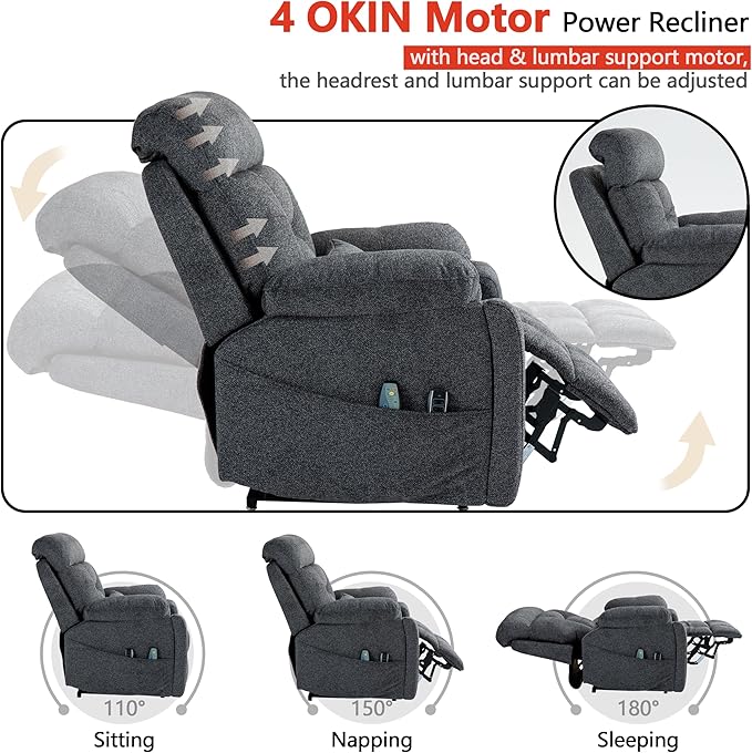 4 OKIN Motor Power Lay Flat Lift Recliner Chair for Elderly Adults Oversized Recliners with Massage Heat, Adjustable Head-Back-Lumbar-Leg-Support, Extended Footrest, 2 Cup Holders-CasaMuseHome