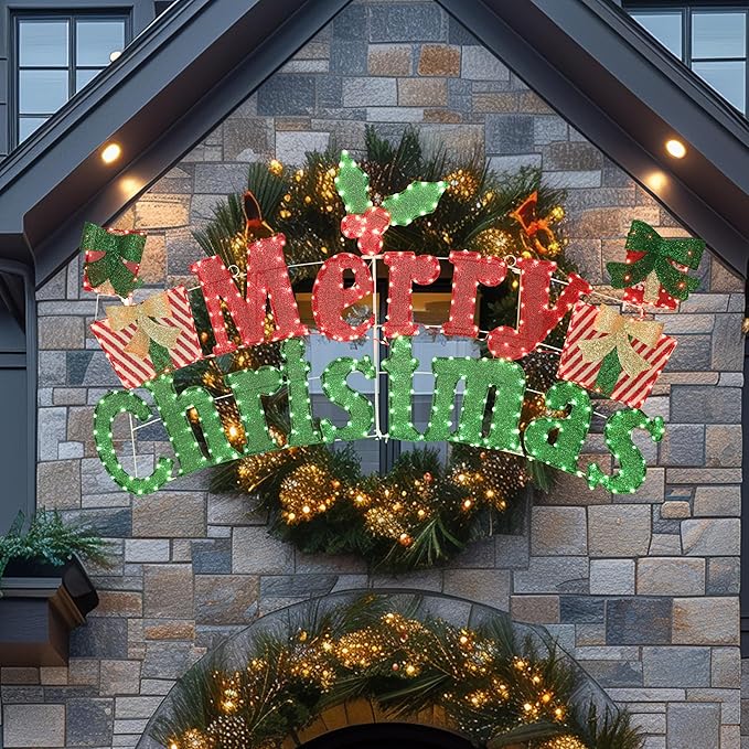 6FT Merry Christmas Sign for Decoration, 2-in-1 Pre-Lit Holiday Greeting Sign Decor with 456 LED Lights, Freestanding or Hanging Glittered Holiday Display for Outdoor, Indoor-CasaMuseHome